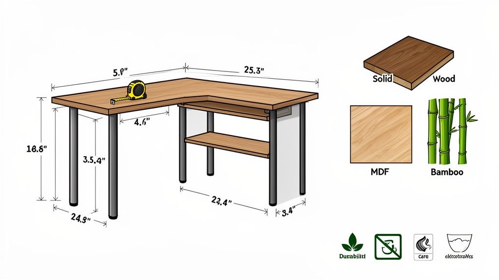 L-förmiger Computertisch mit Maßen, ausziehbarer Tastaturablage und Materialoptionen wie Massivholz, MDF, Bambus.