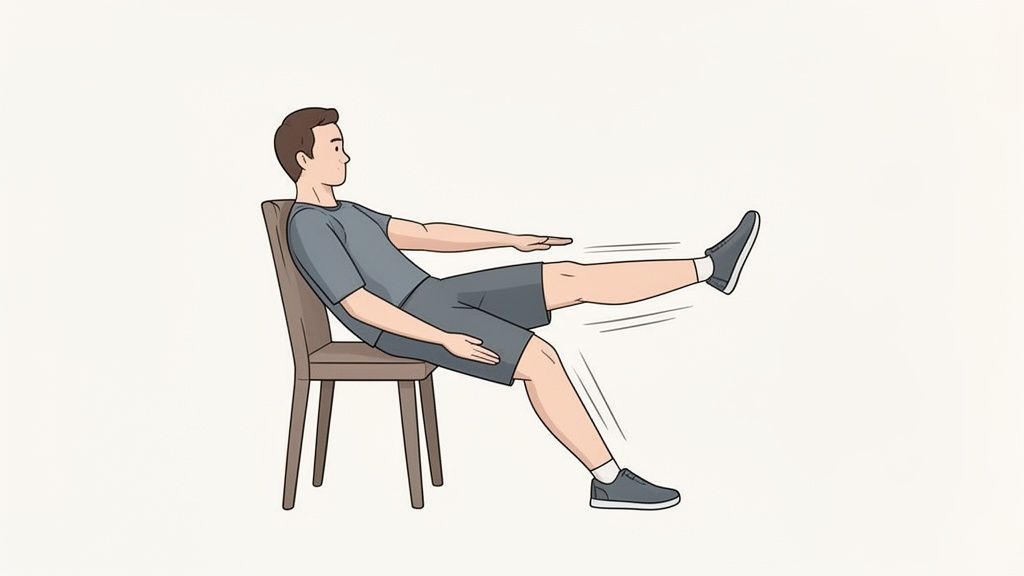 Mann führt eine Bauchübung im Sitzen auf einem Stuhl aus, streckt ein Bein und die Arme nach vorne.