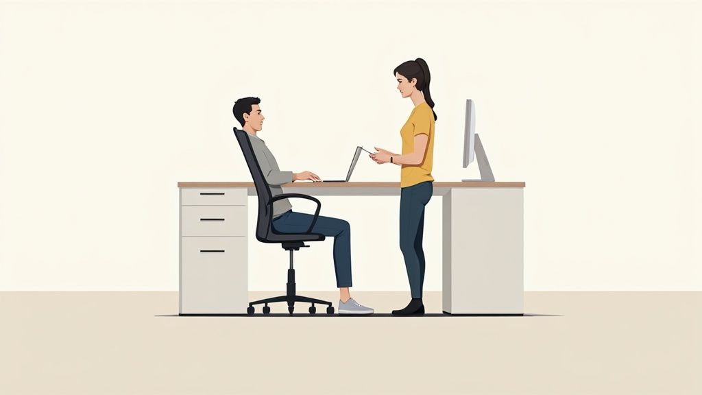 Zwei Personen arbeiten an einem modernen Schreibtisch: ein Mann sitzt am Laptop, eine Frau steht mit Tablet daneben.