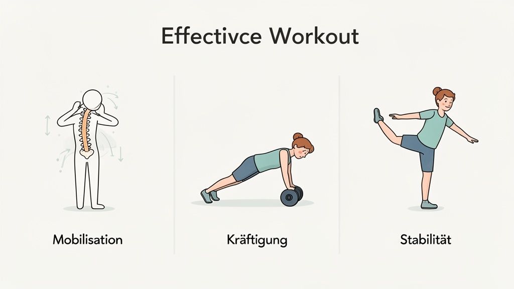 Drei Illustrationen für ein effektives Rückentraining: Mobilisation, Kräftigung und Stabilität der Wirbelsäule.