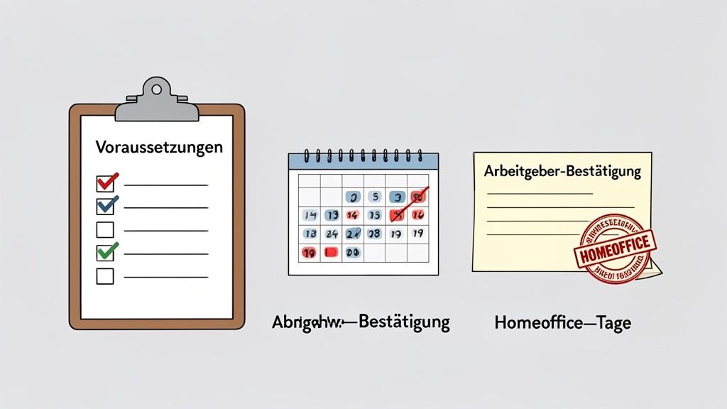 Illustration zu Homeoffice-Pauschale: Eine Checkliste, ein Kalender mit Homeoffice-Tagen und eine Arbeitgeber-Bestätigung.