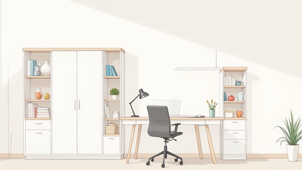 Ein helles Heimbüro mit Holztisch, Bürostuhl, Regalen und Topfpflanzen, ideal für kleine Räume.