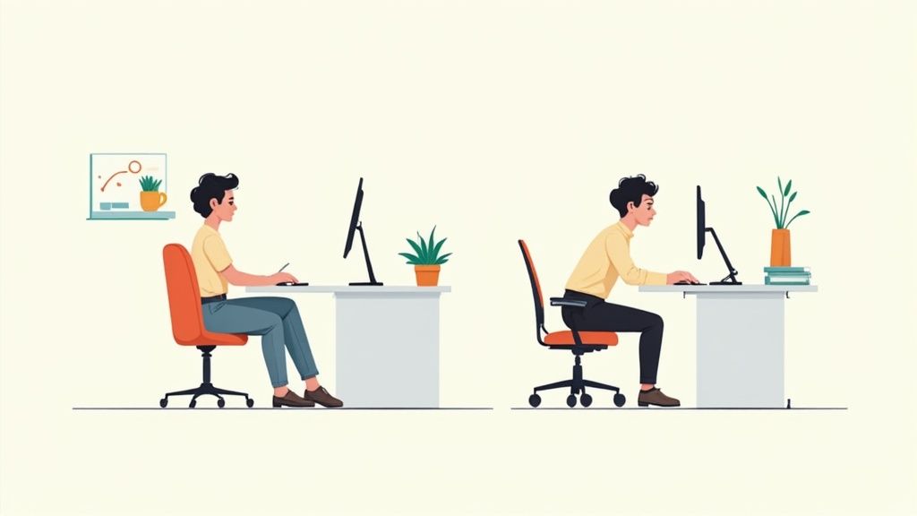 Zwei Personen zeigen den Unterschied zwischen richtiger und falscher Haltung am Schreibtisch bei der Computerarbeit.