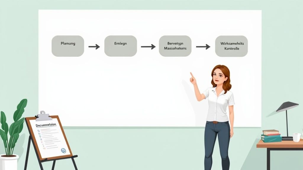 Eine Frau erklärt ein Flussdiagramm auf einer Tafel, das Schritte wie Planung und Wirksamkeitskontrolle eines Prozesses zeigt.