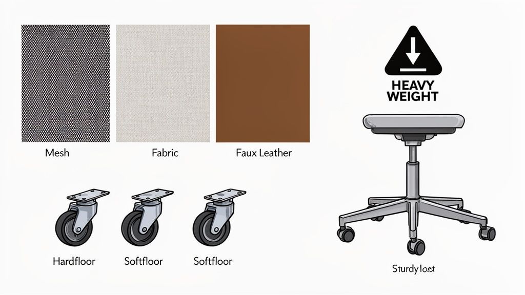 Opties voor thuiswerkstoelen: stofstalen (mesh, stof, kunstleer), wielen voor harde en zachte vloeren, en een stevige kruk voor hoge belasting.