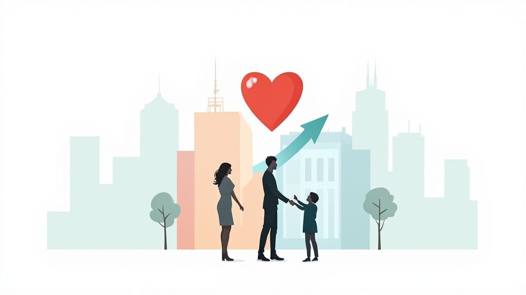 Eine Familie in einer Stadtlandschaft mit einem roten Herz und einem aufwärts gerichteten Pfeil, der Wachstum symbolisiert.