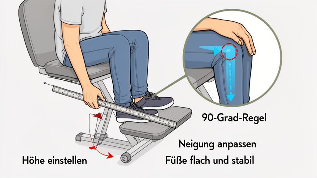Persoon past een ergonomische voetensteun aan om de 90-gradenregel voor knieën en voeten te respecteren.