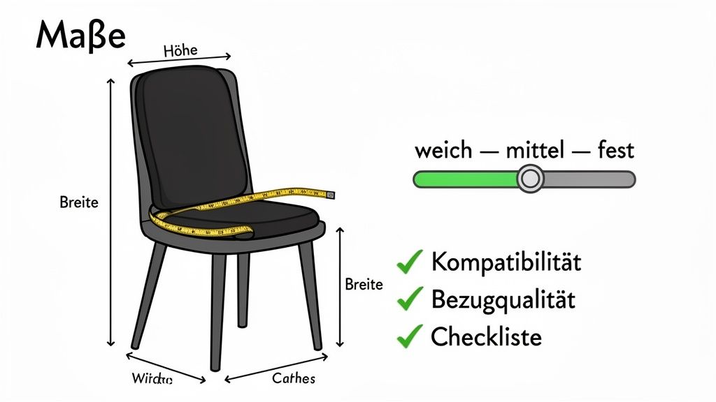 Abbildung eines Stuhls mit Maßen (Höhe, Breite), einem Messband und Optionen für Weichheit und Qualität.