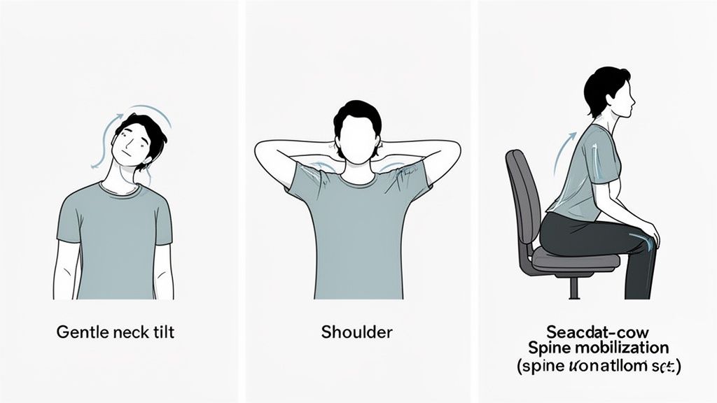 Drei Illustrationen von Übungen für Nacken, Schultern und Wirbelsäule, um gesund am Schreibtisch zu sitzen.