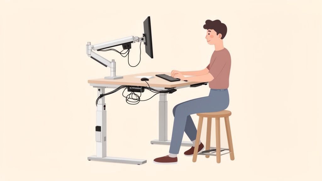 Cartoonman zit aan een in hoogte verstelbaar bureau met monitor, toetsenbord en muis. Ergonomische werkplek.