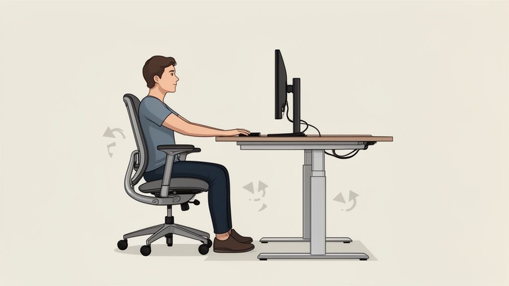 Een man zit ergonomisch correct aan een in hoogte verstelbaar bureau met monitor en bureaustoel.