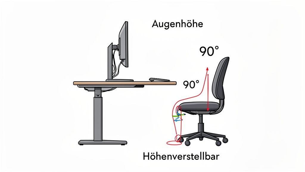 Ergonomischer Arbeitsplatz mit höhenverstellbarem Schreibtisch und Bürostuhl für korrekte Körperhaltung und Nackenentspannung.