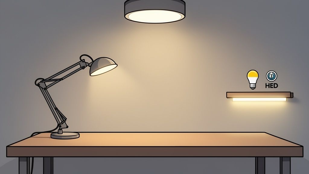 Ein Schreibtisch mit Schreibtischlampe, Deckenleuchte und Wandbeleuchtung für einen optimalen Arbeitsplatz.