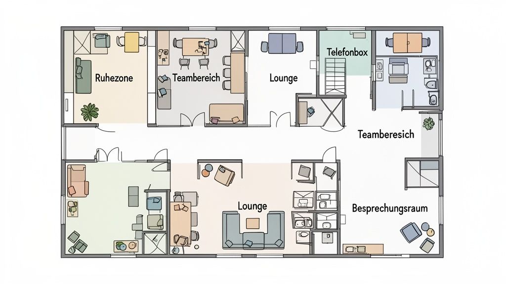 Grundriss eines Coworking Spaces mit Ruhezonen, Teambereichen, Lounges und Besprechungsraum für moderne Büros.