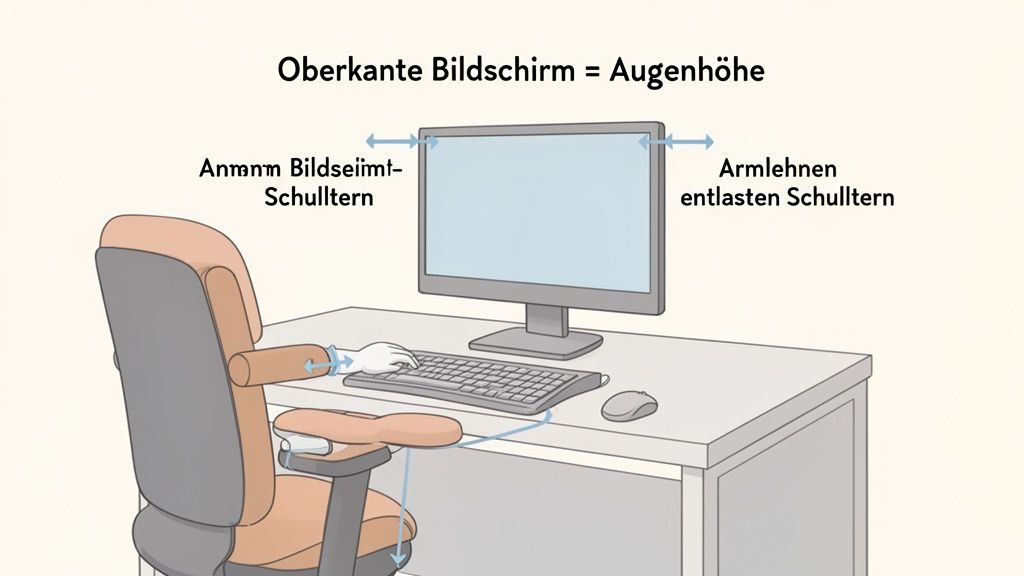 Korrekte ergonomische Haltung am Computerarbeitsplatz: Monitor auf Augenhöhe, Armlehnen entlasten Schultern.