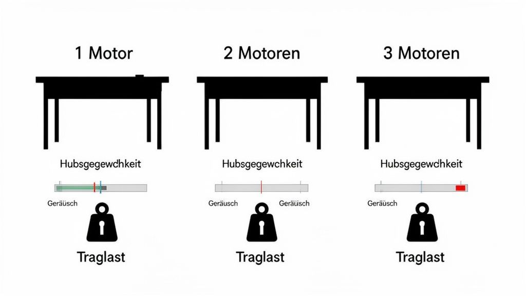 Darstellung des Vergleichs von Schreibtischen mit 1, 2 oder 3 Motoren hinsichtlich Hubsgewicht, Geräusch und Traglast.
