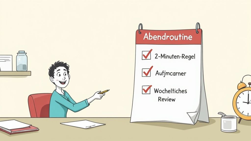 Ein Cartoon-Mann sitzt an einem Schreibtisch und schaut auf eine Abendroutine-Checkliste. Die Liste zeigt erledigte Aufgaben für eine organisierte Abendroutine.