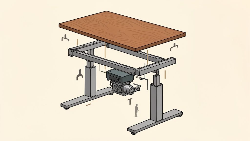 Detaillierte Explosionszeichnung eines höhenverstellbaren Schreibtisches mit Holzplatte und Motor.