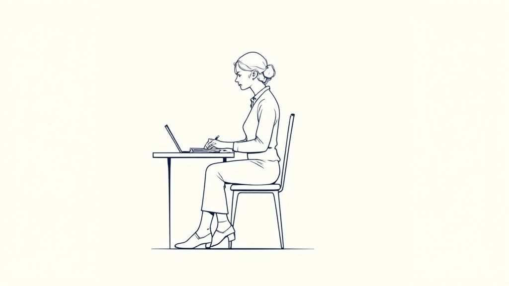 Eine Person sitzt an einem ergonomisch eingerichteten Schreibtisch