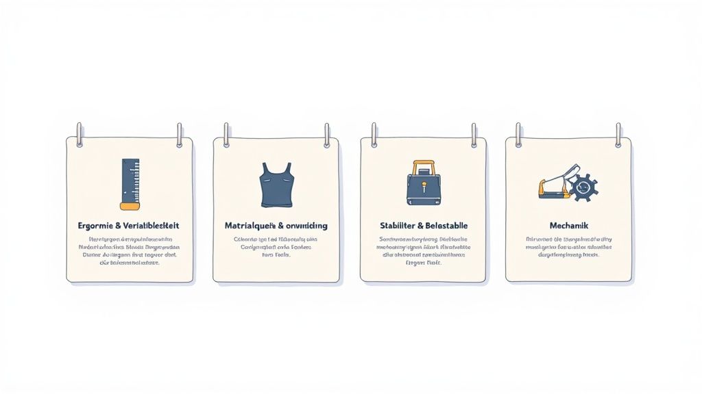 Vier infokaarten over ergonomie, materiaalkwaliteit, stabiliteit en mechaniek van producten, duidelijk gestructureerd.