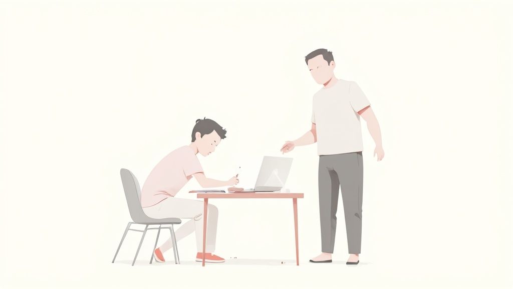 Ein Vater steht neben seinem Sohn, der am Schreibtisch lernt, während er auf den Laptop zeigt.