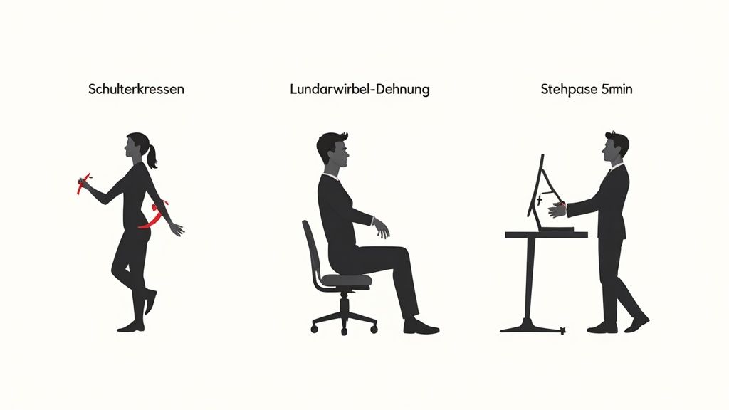 Drei Illustrationen von Übungen und Haltungen am Schreibtisch: Schulterübungen, Lendenwirbeldehnung und Stehen.