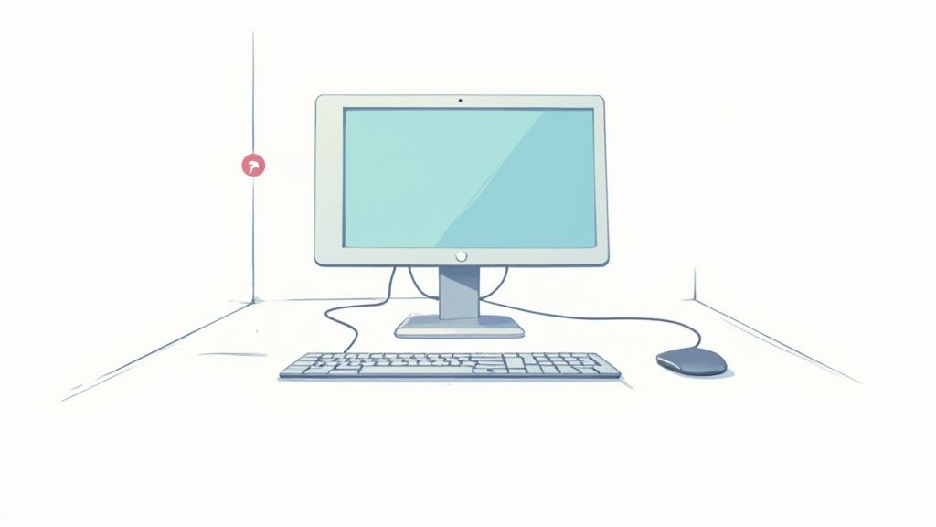 Ein ergonomisch eingerichteter Arbeitsplatz mit Monitor, Tastatur und Maus.