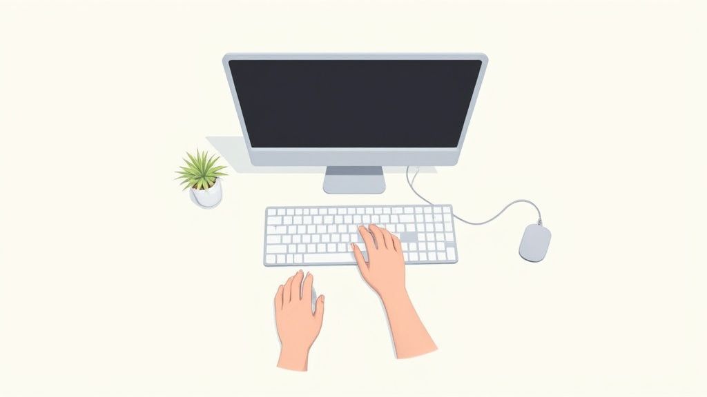 Eine ergonomische Anordnung von Monitor, Tastatur und Maus auf einem Schreibtisch