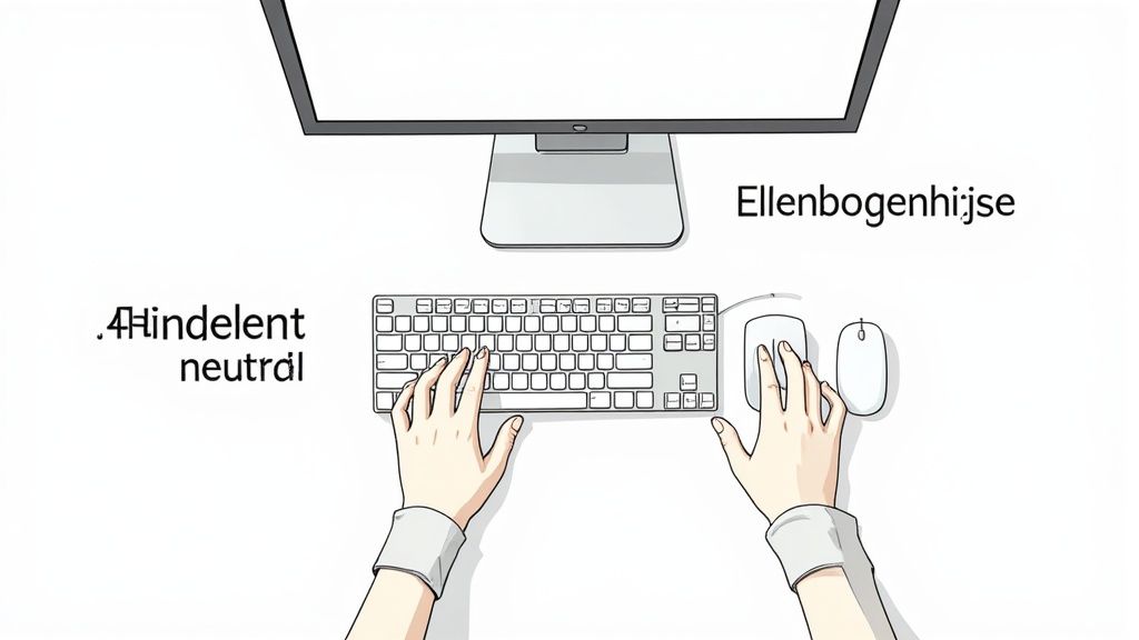 Von oben gesehene Person, die eine Tastatur und Maus an einem Schreibtisch mit Monitor benutzt. Zeigt ergonomische Armhaltung.