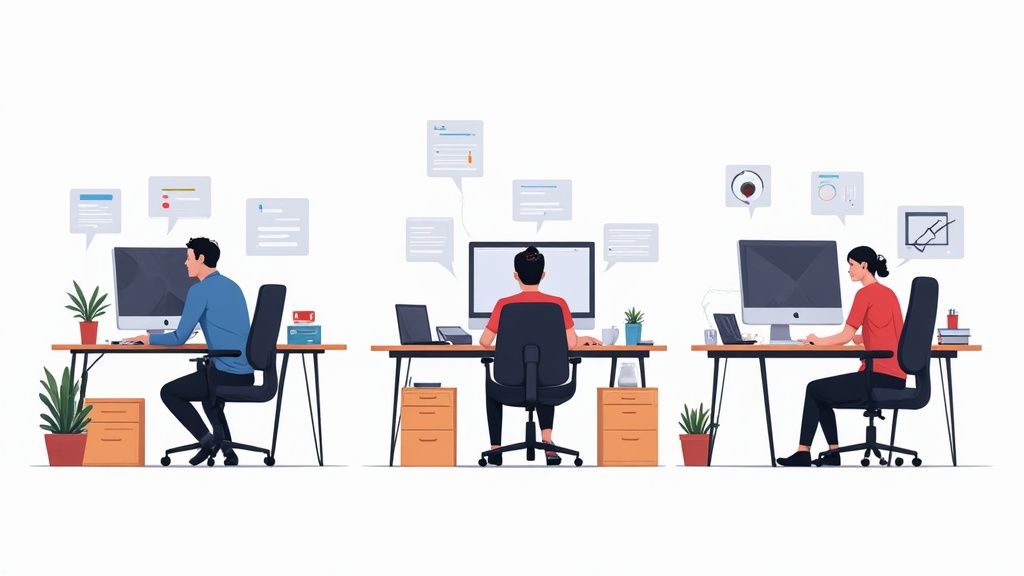 Drei Personen arbeiten an modernen Schreibtischen mit Computern in einem hellen Büro.