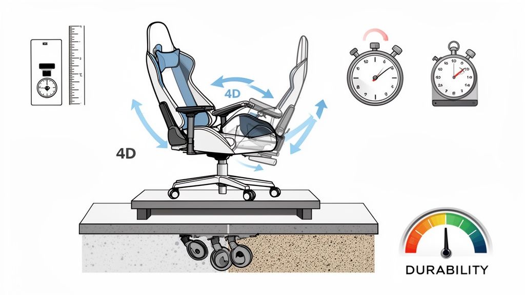 Illustration eines Gaming-Stuhls, der auf 4D-Verstellbarkeit und Rollen-Haltbarkeit auf verschiedenen Untergründen getestet wird.