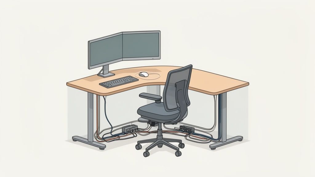 Ein ordentlich eingerichteter Eckschreibtisch mit zwei Monitoren, Tastatur, Maus und Bürostuhl.