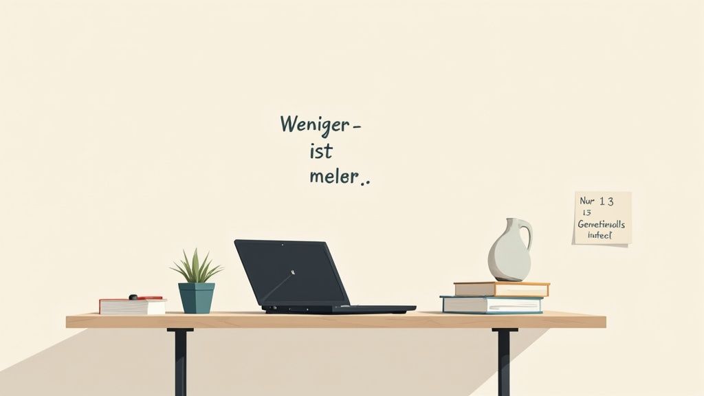 Ein minimalistischer Schreibtisch mit Laptop, Büchern, Pflanze und Notiz. Im Hintergrund der Text: Weniger ist mehr.