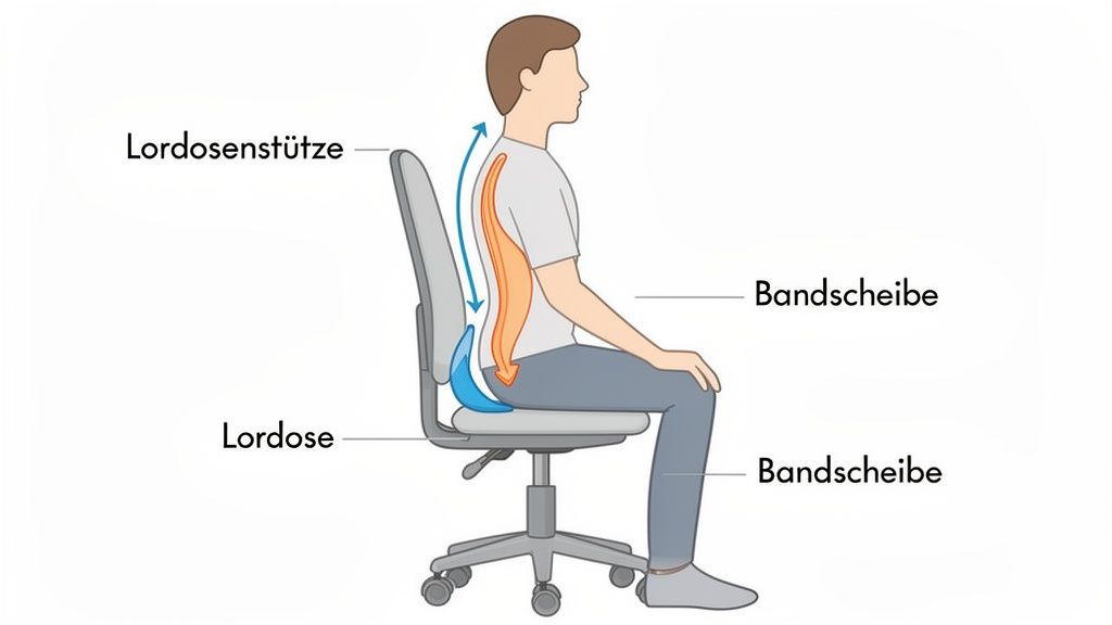 Ein Mann sitzt korrekt auf einem Bürostuhl mit Lordosenstütze, die die natürliche Krümmung der Lendenwirbelsäule unterstützt und Bandscheiben entlastet.
