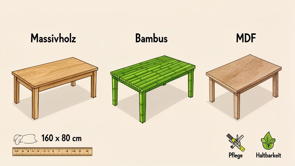 Drei Tische aus Massivholz, Bambus und MDF, mit Hinweisen zu Größe, Pflege und Haltbarkeit.