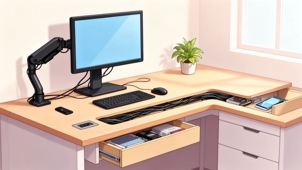 Georganiseerd hoekbureau met monitor, toetsenbord, muis, planten en innovatief kabelbeheer. Open lades tonen elektronische apparaten.