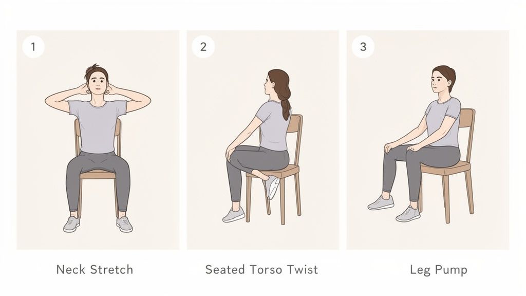Drei illustrierte Übungen mit einem Stuhl: Nackenstreckung, sitzende Rumpfdrehung und Beinbewegung.