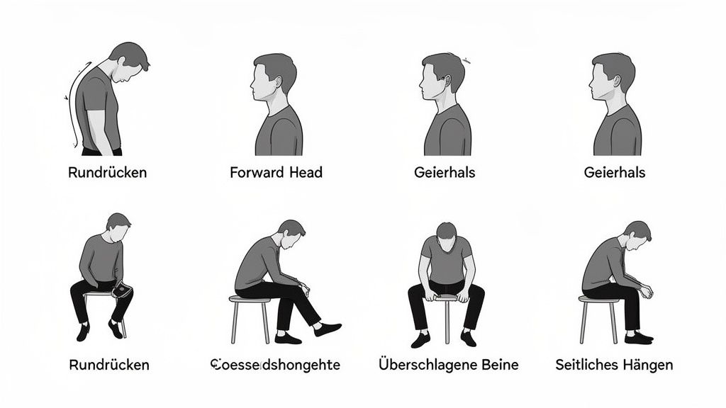 Acht Abbildungen, die verschiedene Haltungsfehler beim Stehen und Sitzen demonstrieren.
