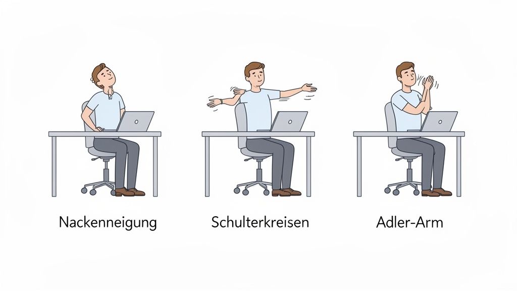 Drei Illustrationen zeigen einen Mann am Schreibtisch, der Nackenneigung, Schulterkreisen und Adler-Arm Übungen macht.