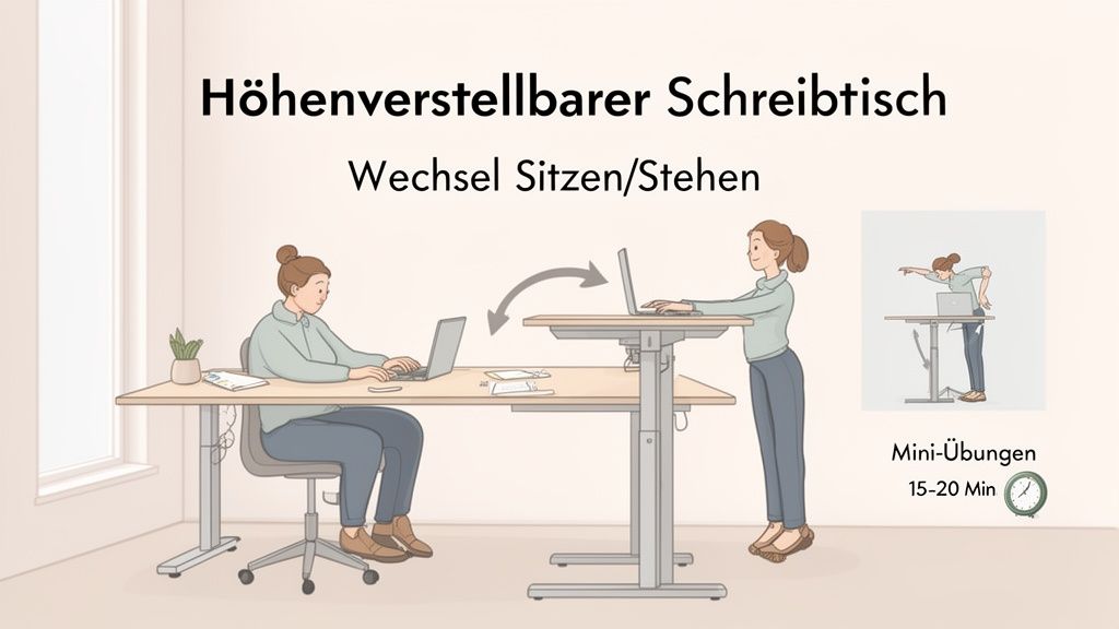 Arbeitsplatz mit höhenverstellbarem Schreibtisch, der zum Wechseln zwischen Sitzen und Stehen anregt, mit Übungshinweis.
