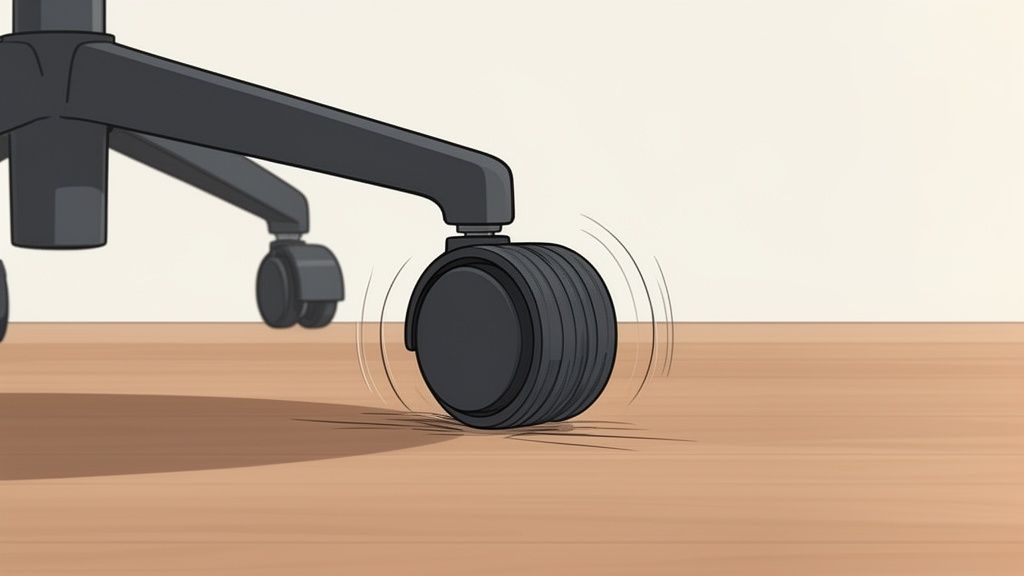 Close-up van een zwart bureaustoelwiel op een houten vloer, dat draait en vuil opneemt.