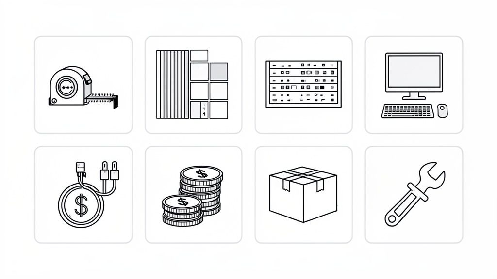Eine Reihe von Icons, die Werkzeuge, Technologie, Finanzen und Versand darstellen.