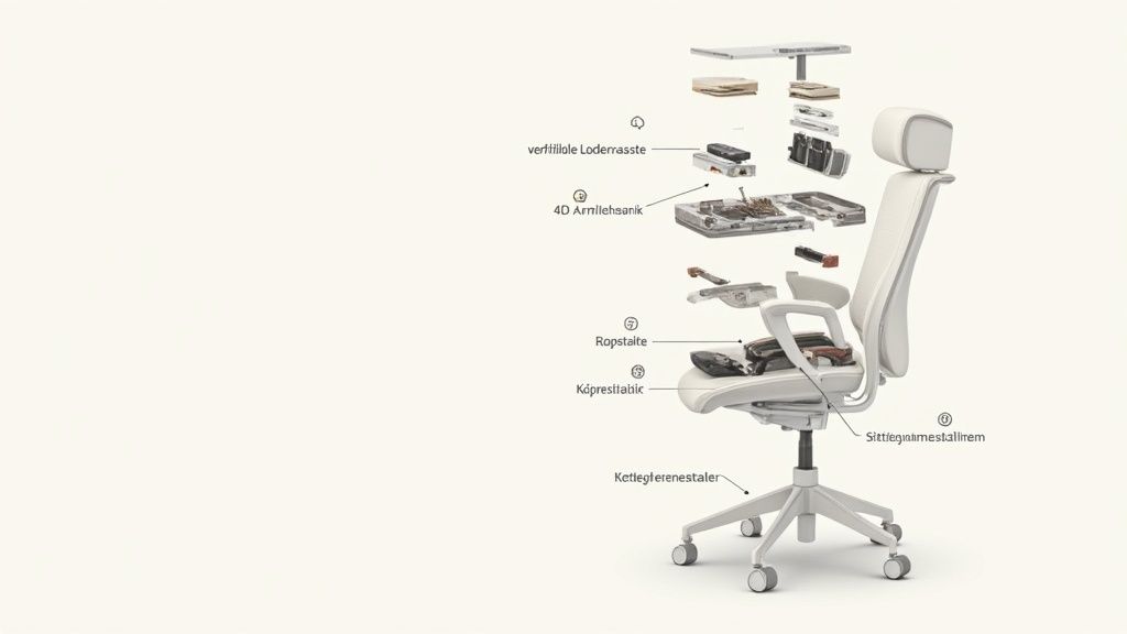 Uit elkaar genomen weergave van een witte bureaustoel, toont de verschillende onderdelen voor ergonomische aanpassingen.
