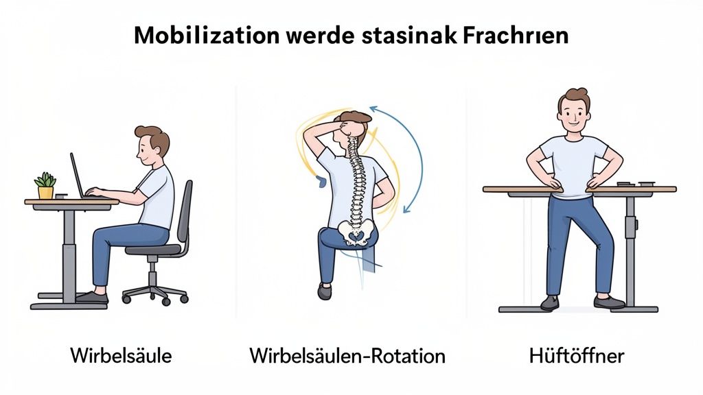 Drei Illustrationen zeigen Übungen zur Mobilisierung am Schreibtisch: Sitzen, Wirbelsäulen-Rotation und Hüftöffner.
