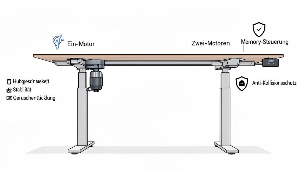Diagramm eines höhenverstellbaren Steh-Sitz-Schreibtisches mit Ein- und Zwei-Motoren-Optionen sowie Memory-Steuerung und Kollisionsschutz.