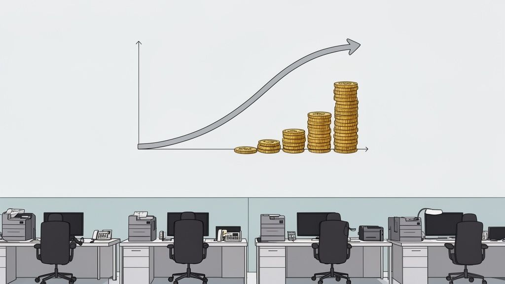 Ein Diagramm zeigt eine steigende Kurve und wachsende Geldmünzen über modernen Büros mit Computern.