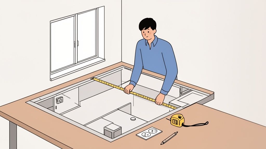 Mann misst eine Schreibtischöffnung mit Maßband, um einen Eckschreibtisch nach Maß zu bauen.