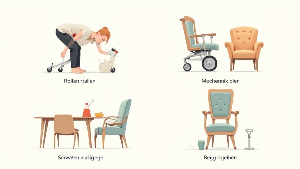 Illustraties van verschillende meubels en huishoudelijke apparaten, waaronder stoelen, een tafel en een schoonmaakrobot.
