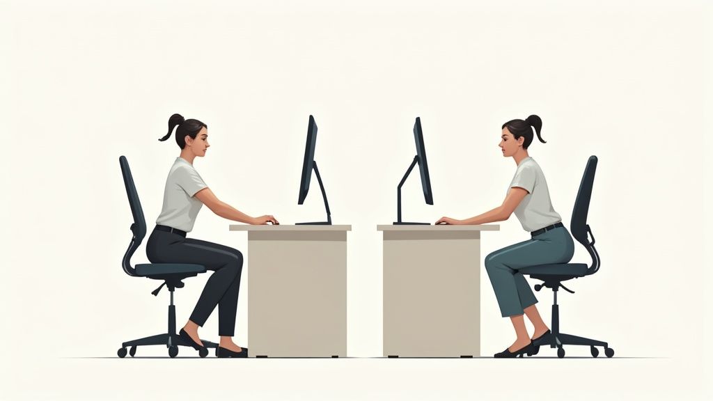 Eine Person stellt die Höhe eines ergonomischen Bürostuhls vor einem höhenverstellbaren Schreibtisch ein.