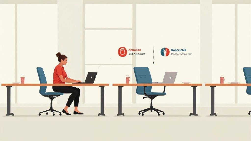 Büroarbeitsplätze mit Schallschutztrennwänden zwischen Schreibtischen für konzentriertes Arbeiten im Open-Space-Büro